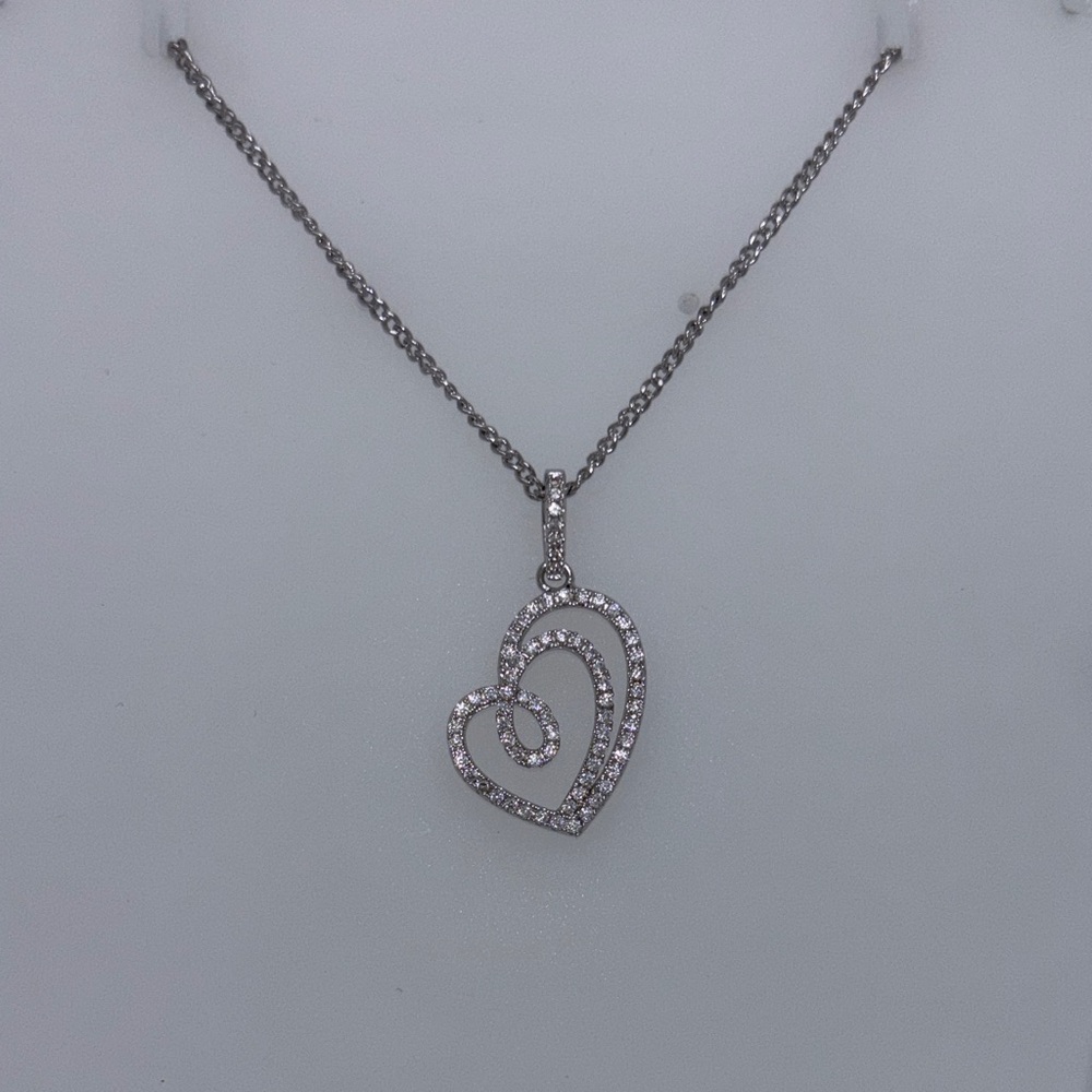 Silver Double Heart Pendant Necklace with Cubic Zirconia - White
